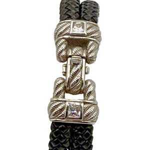 Sterling Silver Leather Bracelet Judith Ripka Braided Black 7.5 Inch